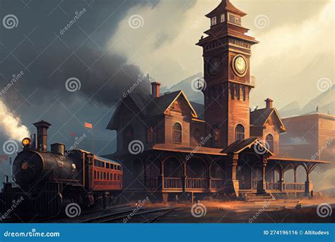 Train Station with Clock Tower, and Steam Coming from the Engine Stock ...