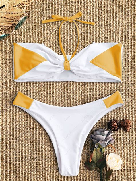 24 OFF 2021 Two Tone Bandeau Bikini Set In WHITE AND YELLOW ZAFUL