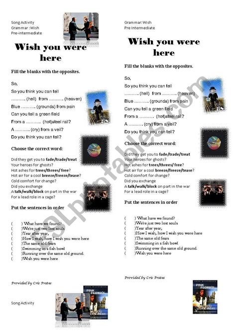 Wish You Were Here Song Activity Esl Worksheet By Cristiane Prates