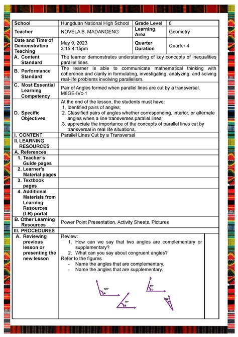 Lesson Plan Parallel Lines School Hungduan National High School Grade