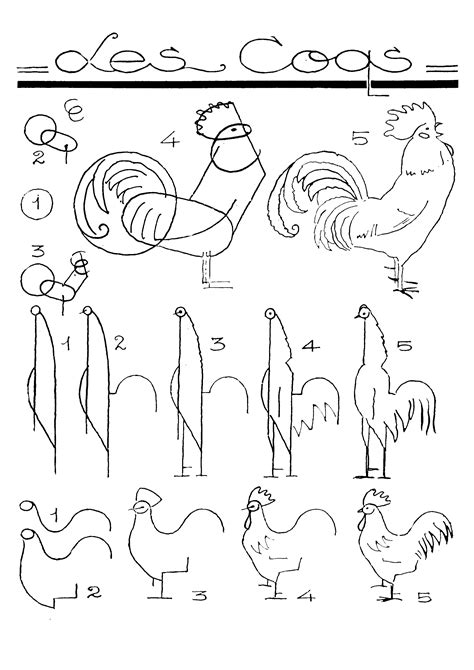 Jak łatwo rysować koguty krok po kroku | Łamigłówki dla dzieci do wydruku