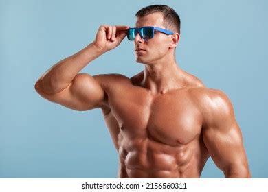 Handsome Muscular Man Sunglasses Naked Torso Stock Photo 2156560311