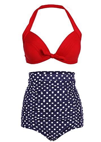 COCOSHIP Women S Retro Red Top And White Polka High Waisted Bikini Set
