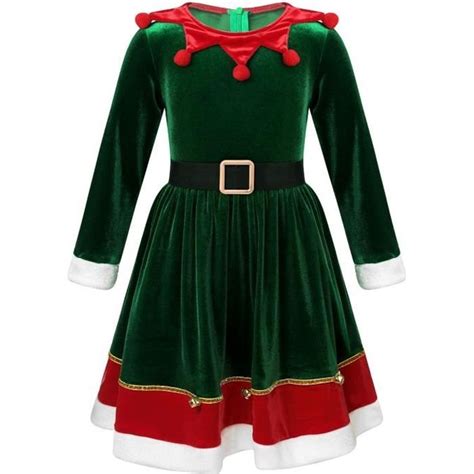 Robe De Noël Fille Enfant Robe Soirée Manches Longues Déguisement Lutin