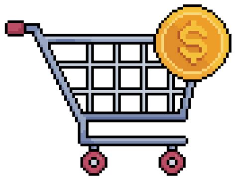 Pixel Art Shopping Cart With Coin Supermarket Trolley Vector Icon For