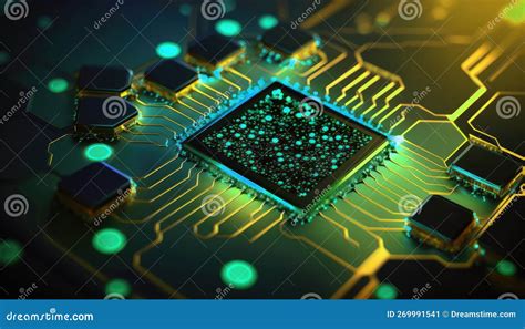 Abstract Computer Processor Chip On Circuit Board With Microchips Stock