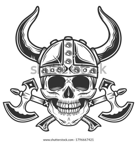 Viking Skull With Horned Helmet And Crossed Axes In Vintage Monochrome