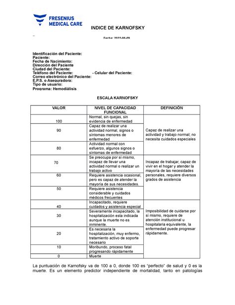 Formato Escala Karnofsky Indice De Karnofsky Inddd Ind Fecha