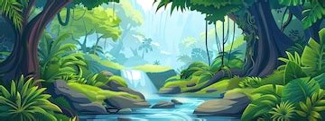 Premium Photo | A rainforest landscape with a river flowing through it Cartoon illustration