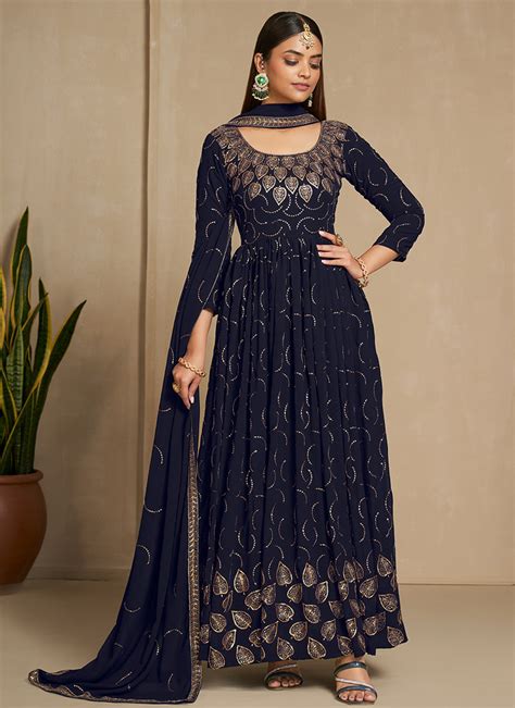 Buy Navy Blue Faux Georgette Sequins Dresses And Gown Party Wear Online