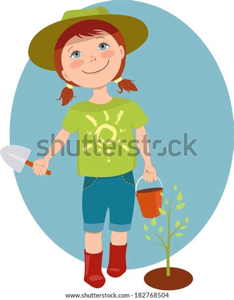 Cute Cartoon Little Girl Gardener Planting Stock Illustration 182768504