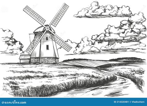 Windmill In The Field Countryside Summer Landscape Hand Drawn Vector