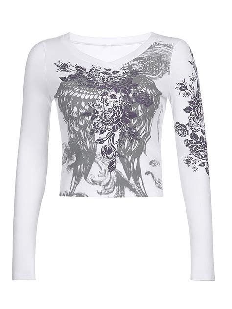 Women Y2k Wing Graphic T Shirt Long Sleeve Crop Top Fairy Grunge 90s