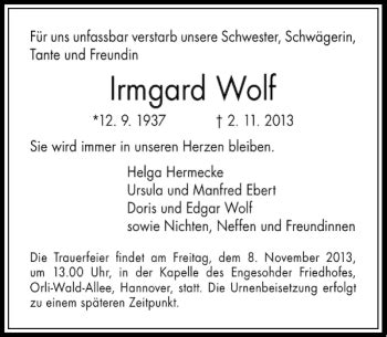 Traueranzeigen Von Irmgard Wolf Trauer Anzeigen De