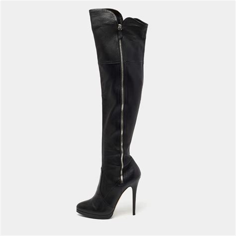 Casadei Black Leather Knee Length Platform Boots Size 375 Casadei The Luxury Closet