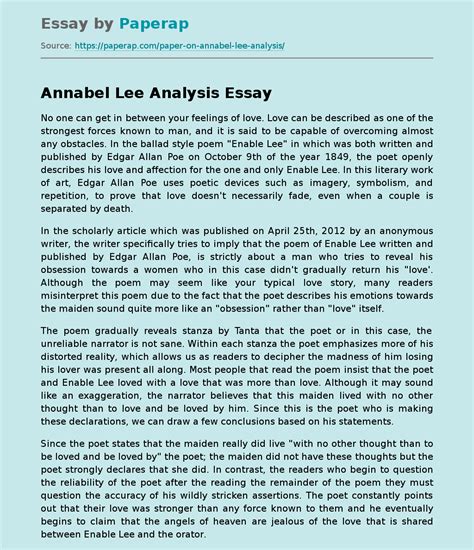 Annabel Lee Analysis Free Essay Example