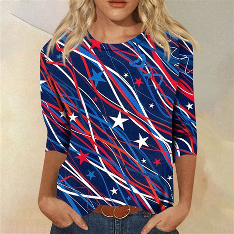 Uocefik 4th Of July Shirts For Women 34 Sleeve Patriotic Usa Flag Print T Shirts Fashion