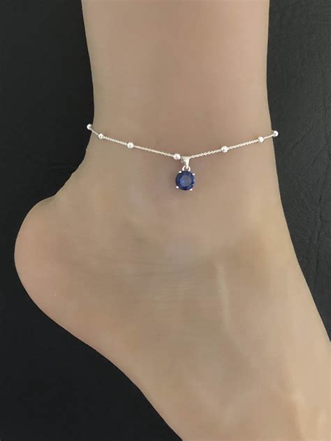 Blue Sapphire Anklet Sterling Silver Beaded Ankle Bracelet Etsy