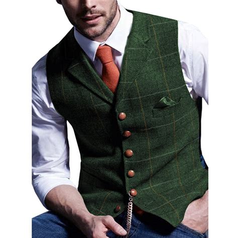 Mens Plaid Vest Tweed Wool Waistcoat Slim Fit Lapel Plaid Suit Vest