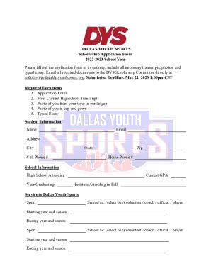 Fillable Online DALLAS YOUTH SPORTS Scholarship Application Form 2022