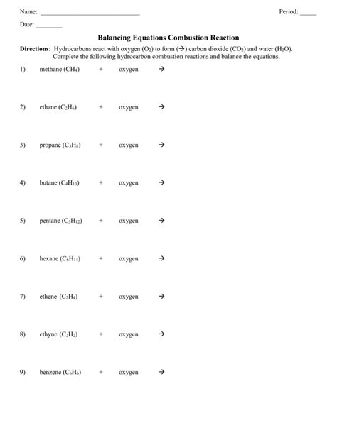 Combustion Equation Balancing Practice