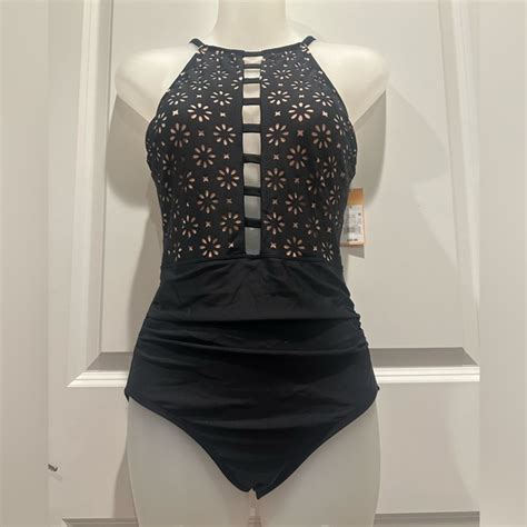 Kona Sol Swim Kona Sol Black Swimsuit With Nude Color Floral Cutout