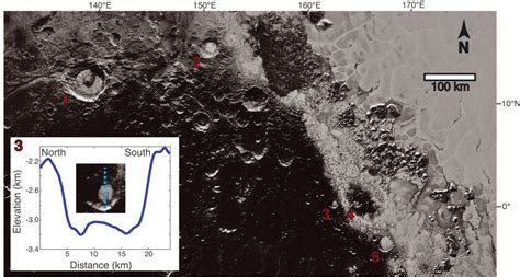 Map Of Five Outliers Of N2 Ice Within Impact Craters On Pluto Labels