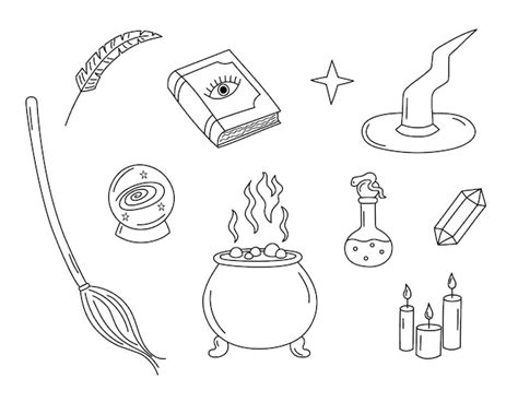 Premium Vector Witchcraft Doodles Set Witch Attributes Magic Ball Spell Book Cauldron Broom