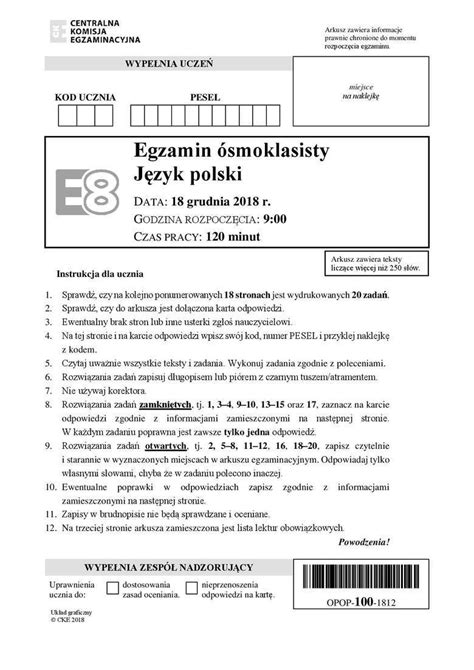 Egzamin Smoklasisty Cke Odpowiedzi J Zyk Polski Arkusze