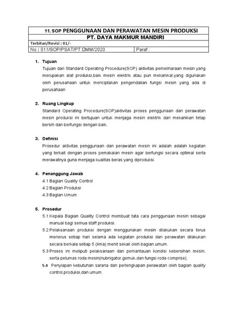 Sop Penggunaan Dan Perawatan Mesin Produksi Pdf