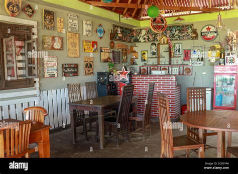 Interior of an old tavern, traditional style, souvenirs and old wooden furniture. Restaurant ...