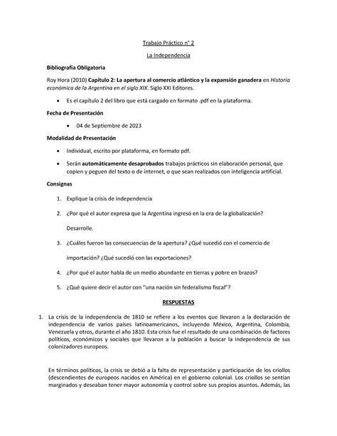 TP2 HISTORIA ECONOMICA APROB Trabajo Prctico N 2 La Independencia