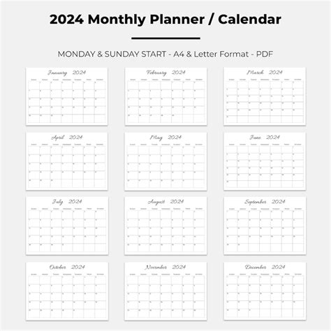 2024 Monthly Calendar 2024 Printable Monthly Planner Landscape Sunday