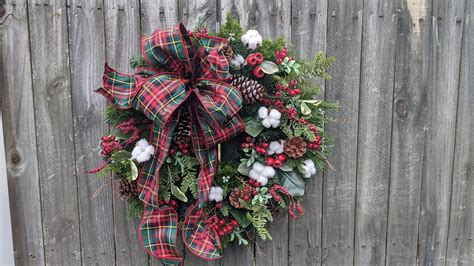 Holiday Christmas Wreath Plaid Berry Wreath With Cotton Natural