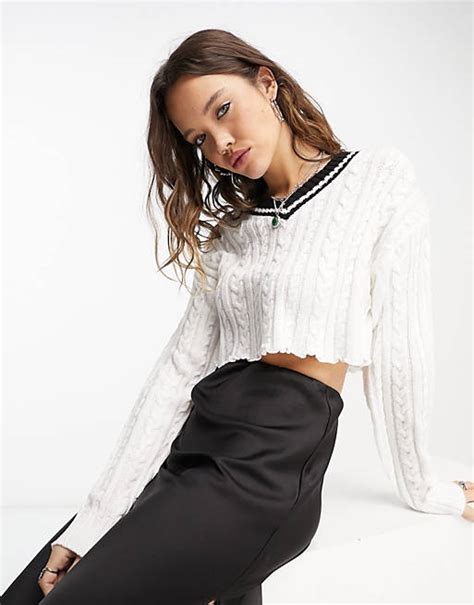 Asos Design Crop Varsity Jumper With Nibbled Hem In White And Black Asos