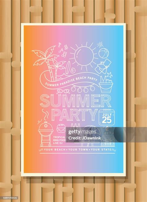 Summer Beach Party Invitation Design Template With Line Art Icons High