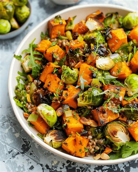 roasted sweet potato  brussels sprout salad thefamilycooking