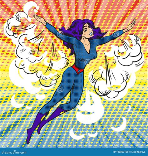 El Carácter Cómico Del Superwoman Del Arte Pop En Nubes Y Sol Irradia