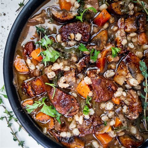 Beef Barley Mushroom Soup With Roasted Mushrooms And Wine