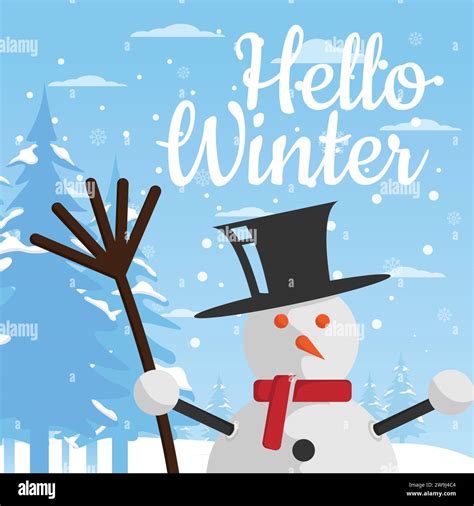 Hello Winter Snowman Character Vector Background Design Hello Winter