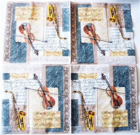 Decoupage Napkins Of Music Instruments Saxophone Violin Sheet Music