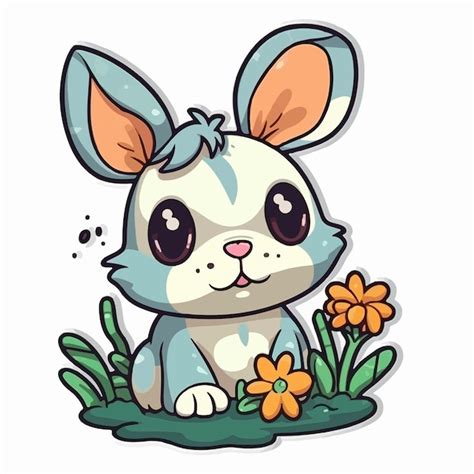 Un Conejo De Dibujos Animados Se Sienta En La Hierba Con Flores Foto