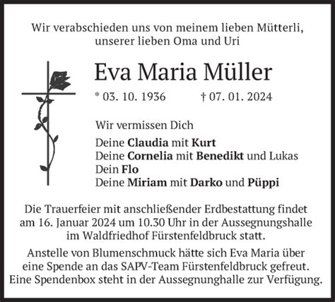 Traueranzeigen von Eva Maria Müller trauer merkur de