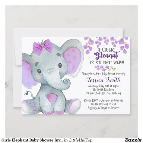 An Elephant Baby Shower Is Shown With Purple Flowers