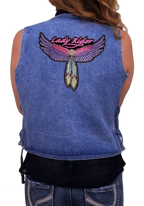 Womens Blue Denim Vest W Side Laces Lady Rider Feathers Patch Wlsdv3