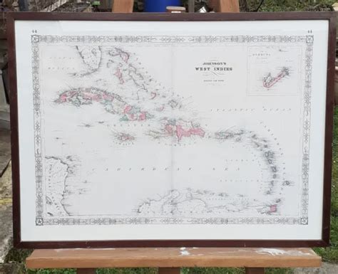 ANCIENNE CARTE MARINE des Antilles Johnson and Ward encadrée et en bon