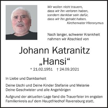 Traueranzeigen Von Johann Katranitz Schwaebische De Trauerportal