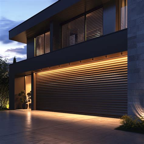 Premium Photo | A garage door with the lights on the outside