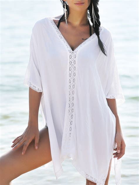 2018 Lace Trim Slit Flowy Tunic Kaftan Cover Up In White One Size Fit