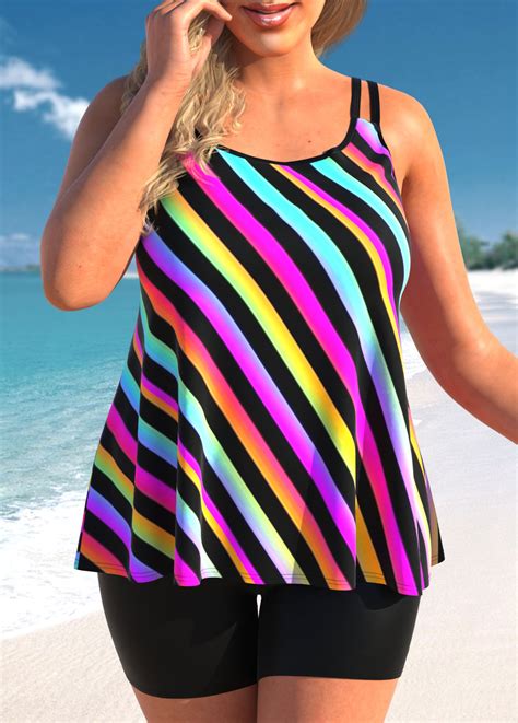 Rotita Rainbow Stripe Plus Size Double Straps Tankini Top Rotita